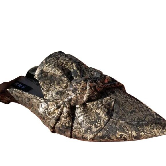 DKNY Gold & Black Brocade Pointed-Toe Mule Flats With Bow Size 6 - Picture 2 of 5